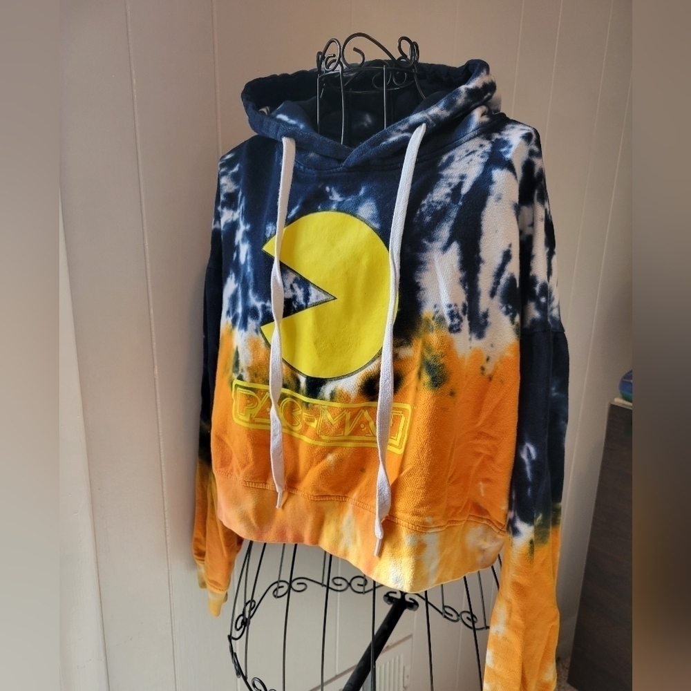 Pac-Man Tie Dye Cropped Hoodie Sweatshirt Size S